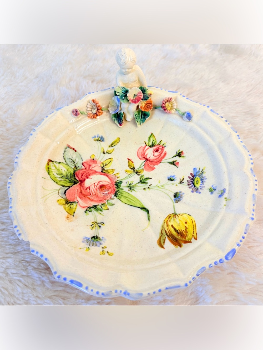 Vintage Capodimonte Ornate Italian Pottery~Cherub in Bowl